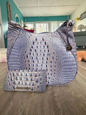Brahmin Blue Croc-Embossed Shoulder Hobo with Matching Wallet - Unbranded